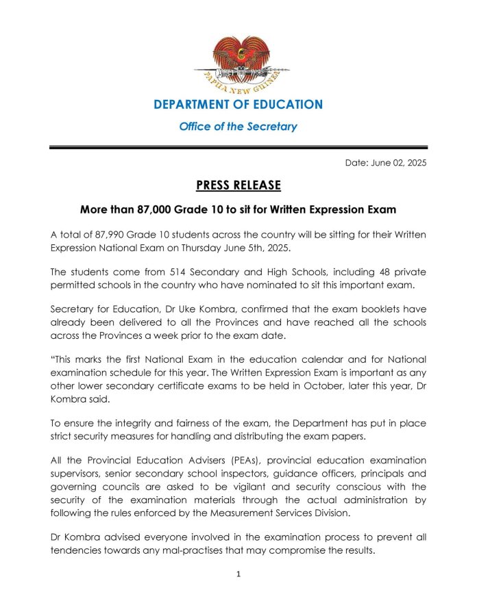 More than 87 000 PNG Grade 10 to sit for Written Expression Exam 2025