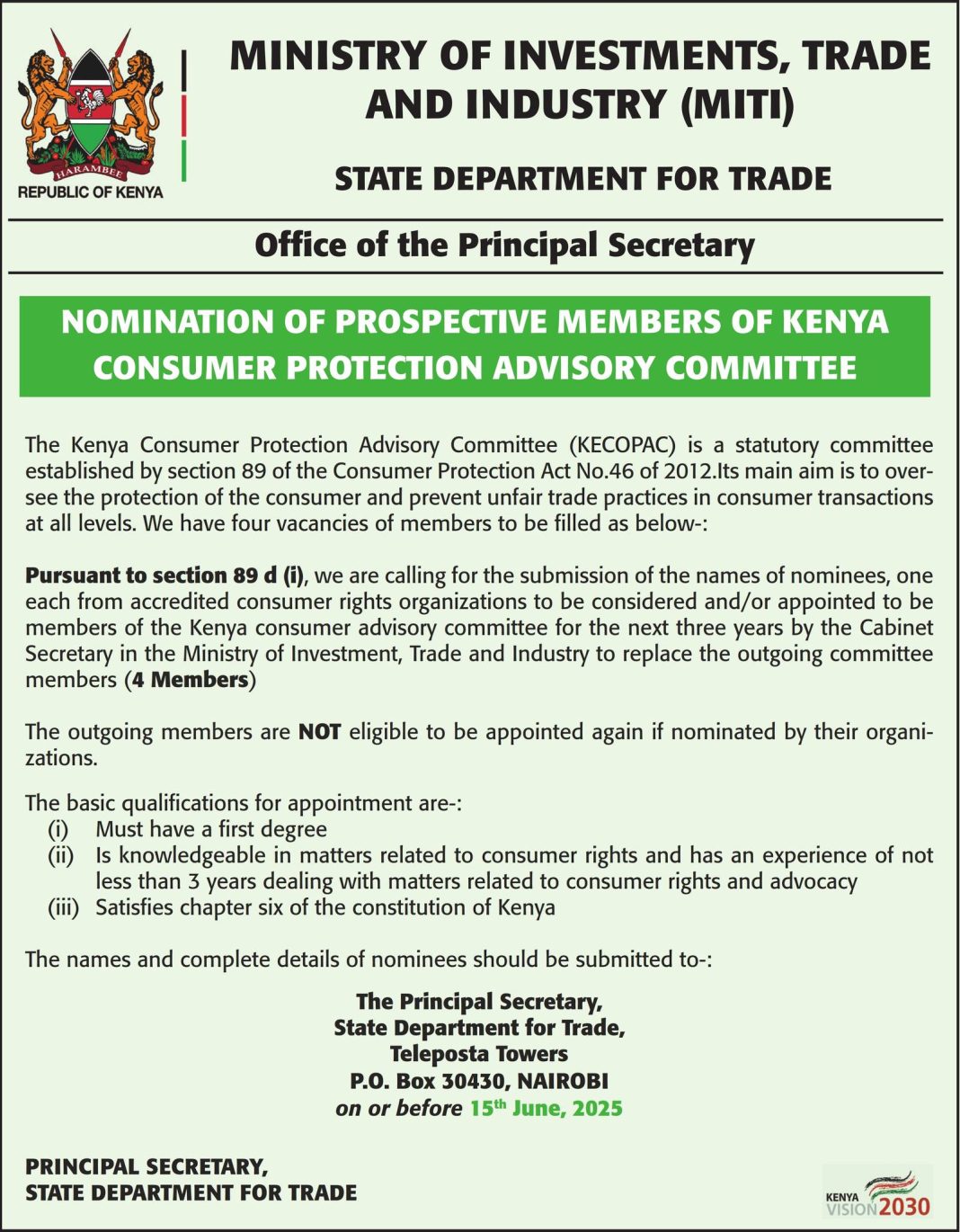 Call for Nominations: Kenya Consumer Protection Advisory Committee (KECOPAC) Vacancies