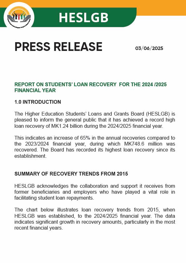 HESLGB Malawi Report On Students Loan Recovery 2024/2025