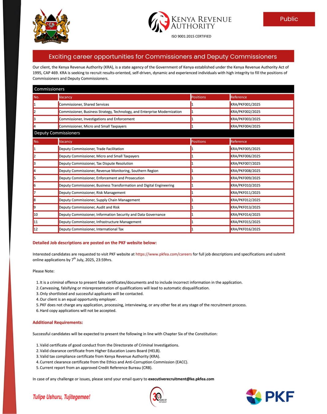 Kenya Revenue Authority (KRA) 2025 Jobs for Commissioners and Deputy Commissioners