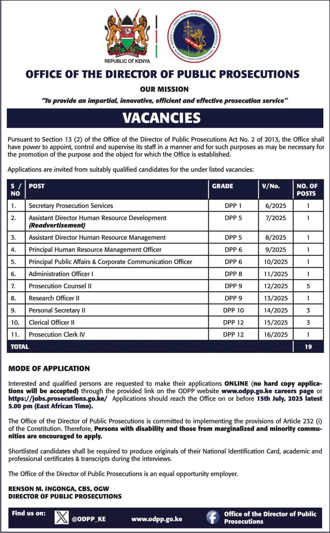 The Office of the Director of Public Prosecutions Kenya x19 Vacancies 2025