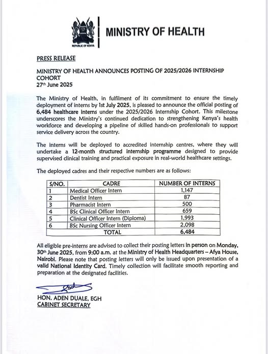 Kenya Ministry of Health Announces Posting of 2025/2026 Internship Cohort