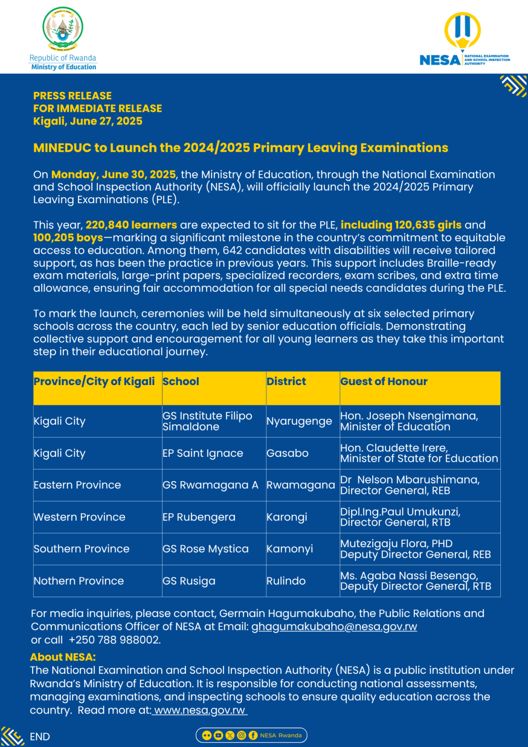 Rwanda Ministry of Education to Launch the 2024/2025 Primary Leaving Examinations