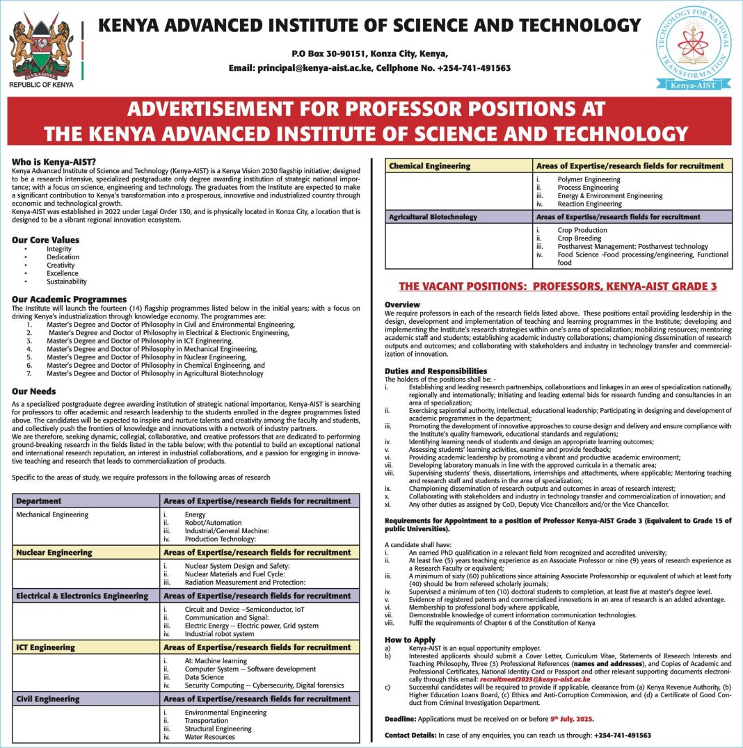 Kenya Advanced Institute of Science and Technology (Kenya-AIST) Professors Vacancies 2025