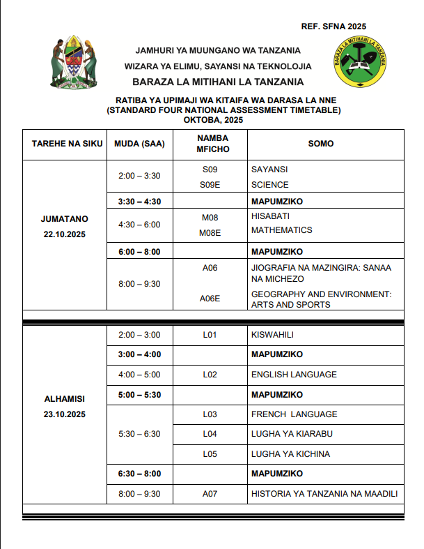 NECTA Official Timetable for Standard Four National Assessment October 2025