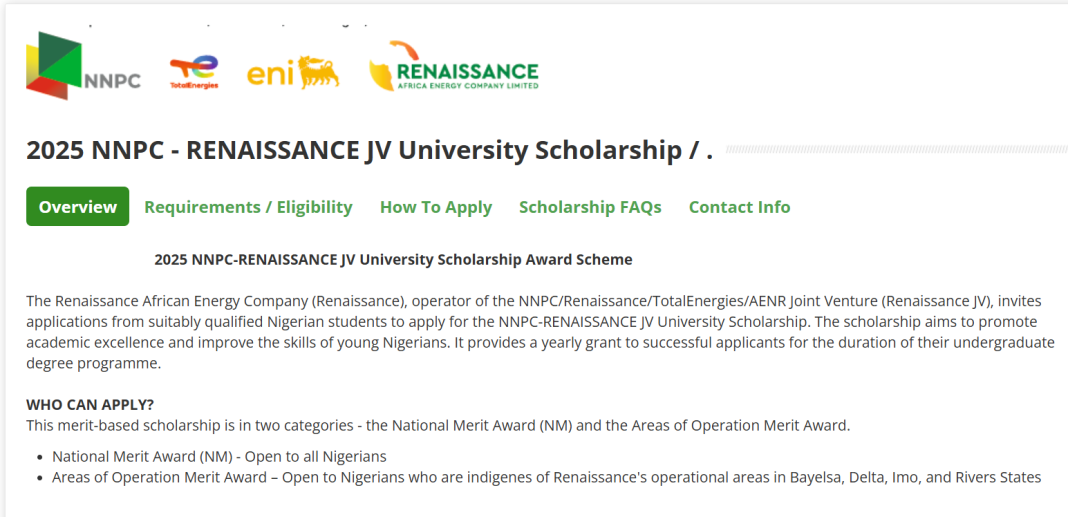 NNPC-RENAISSANCE JV University Scholarship 2025 for Nigerians