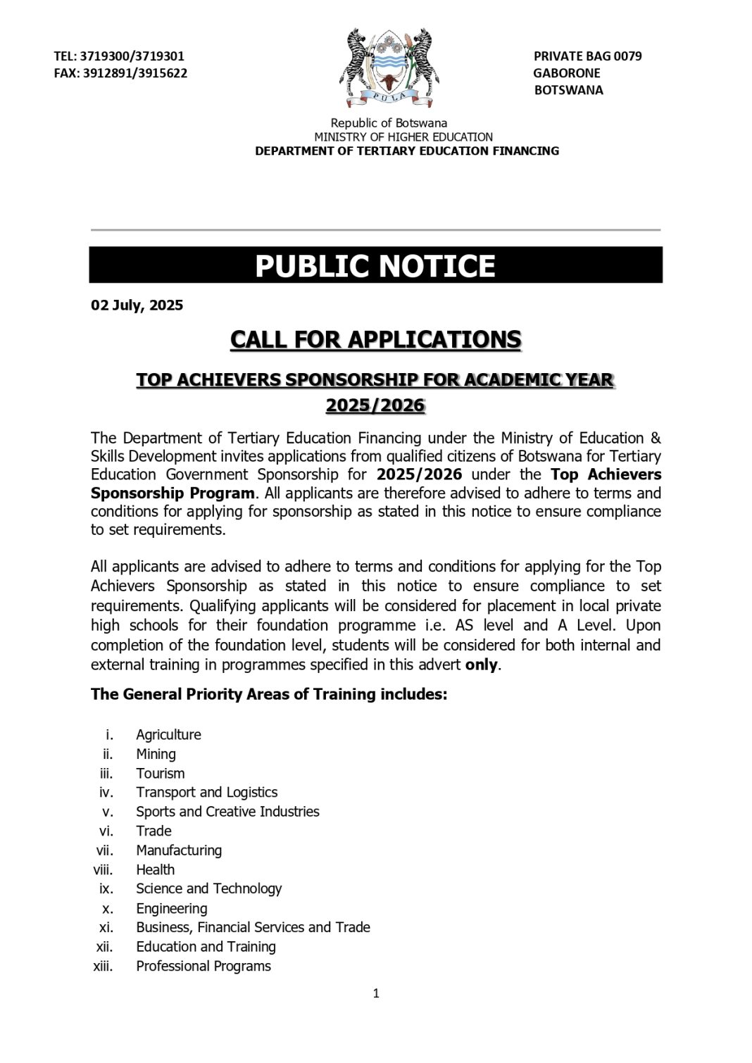 Botswana Department of Tertiary Education Financing Top Achievers Sponsorship 2025/26 Program