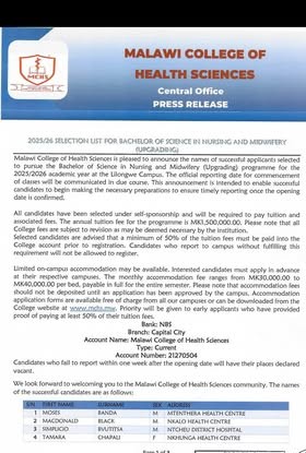 Malawi College Of Health Sciences 2025/26 Selection List For Bachelor Of Science In Nursing And Midwifery (Upgrading)