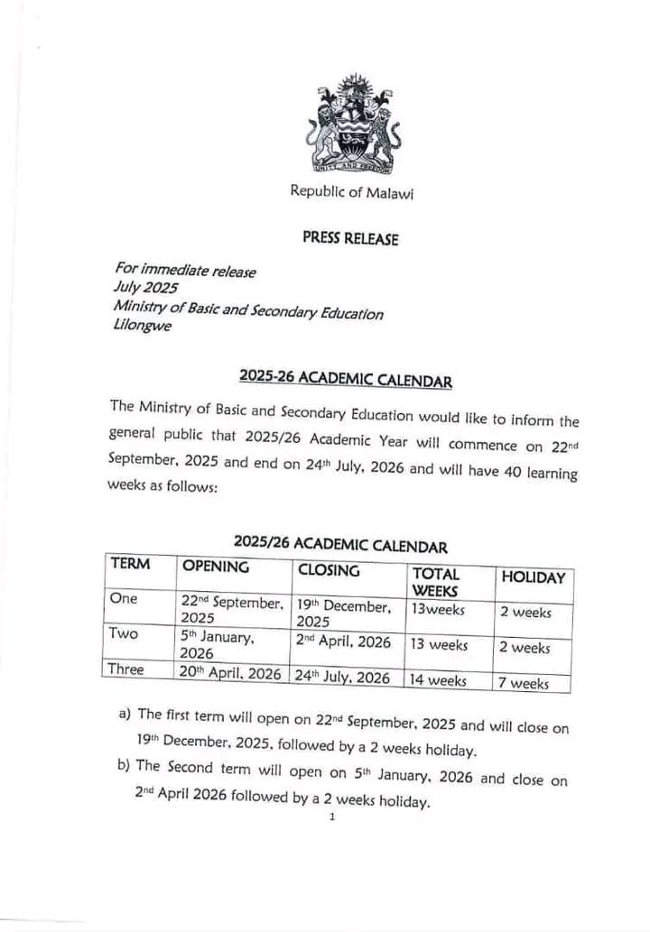 Malawi Releases Official 2025-26 Academic Calendar: Schools to Open September 22