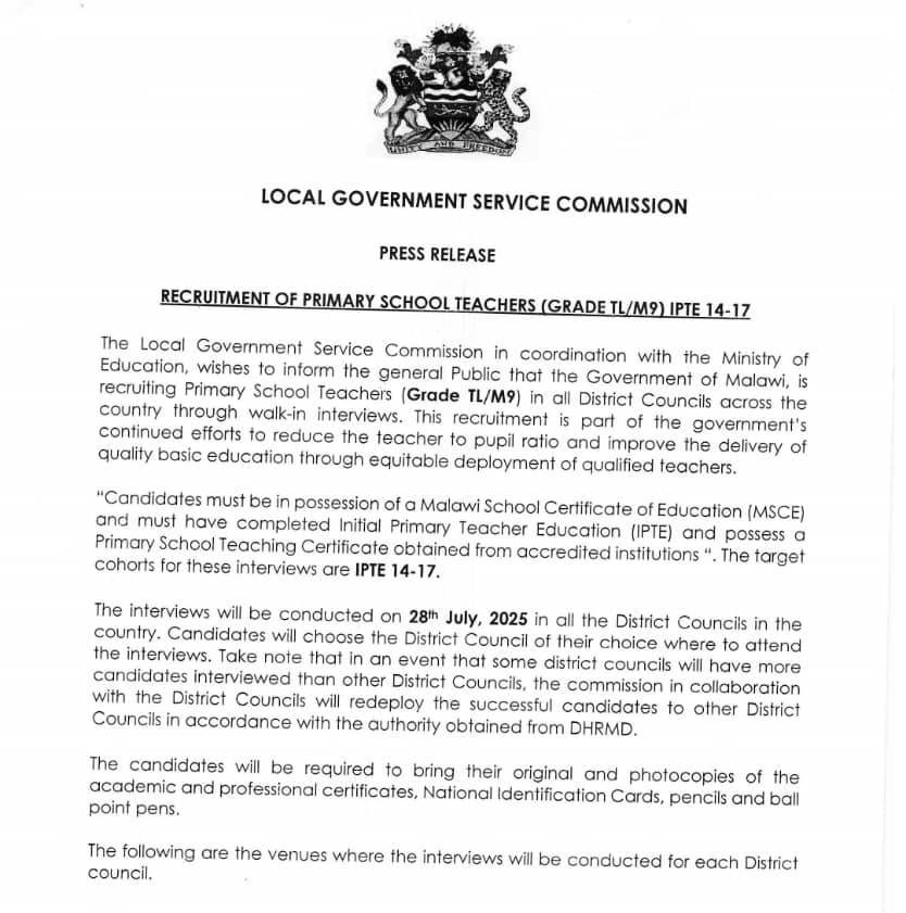 Malawi Local Government Service Commission Recruitment of Primary School Teachers (GRADE TL/M9) IPTE 14-17