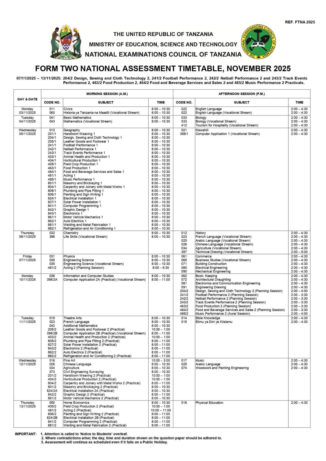 Tanzania Form Two National Assessment (FTNA) Timetable FOR November 2025