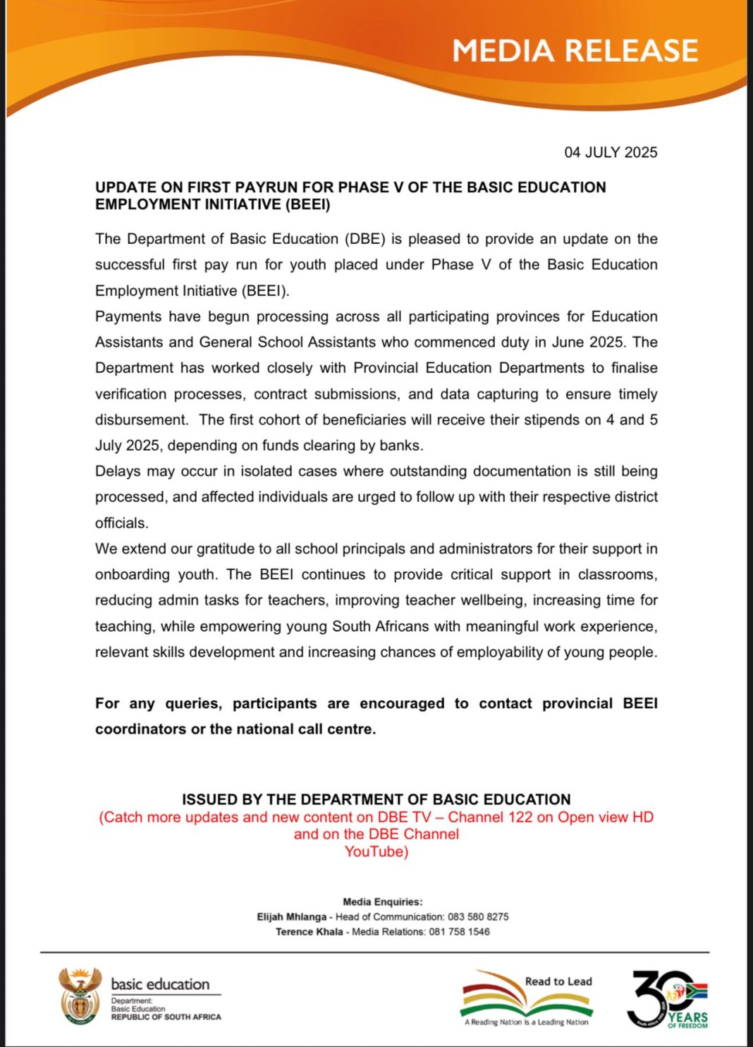 DBE First Payrun for Phase V of the Basic Education Employment Inititative (BEEI)