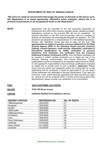 KwaZulu Natal Department of Health x241 Data Capturer Posts Vacancies