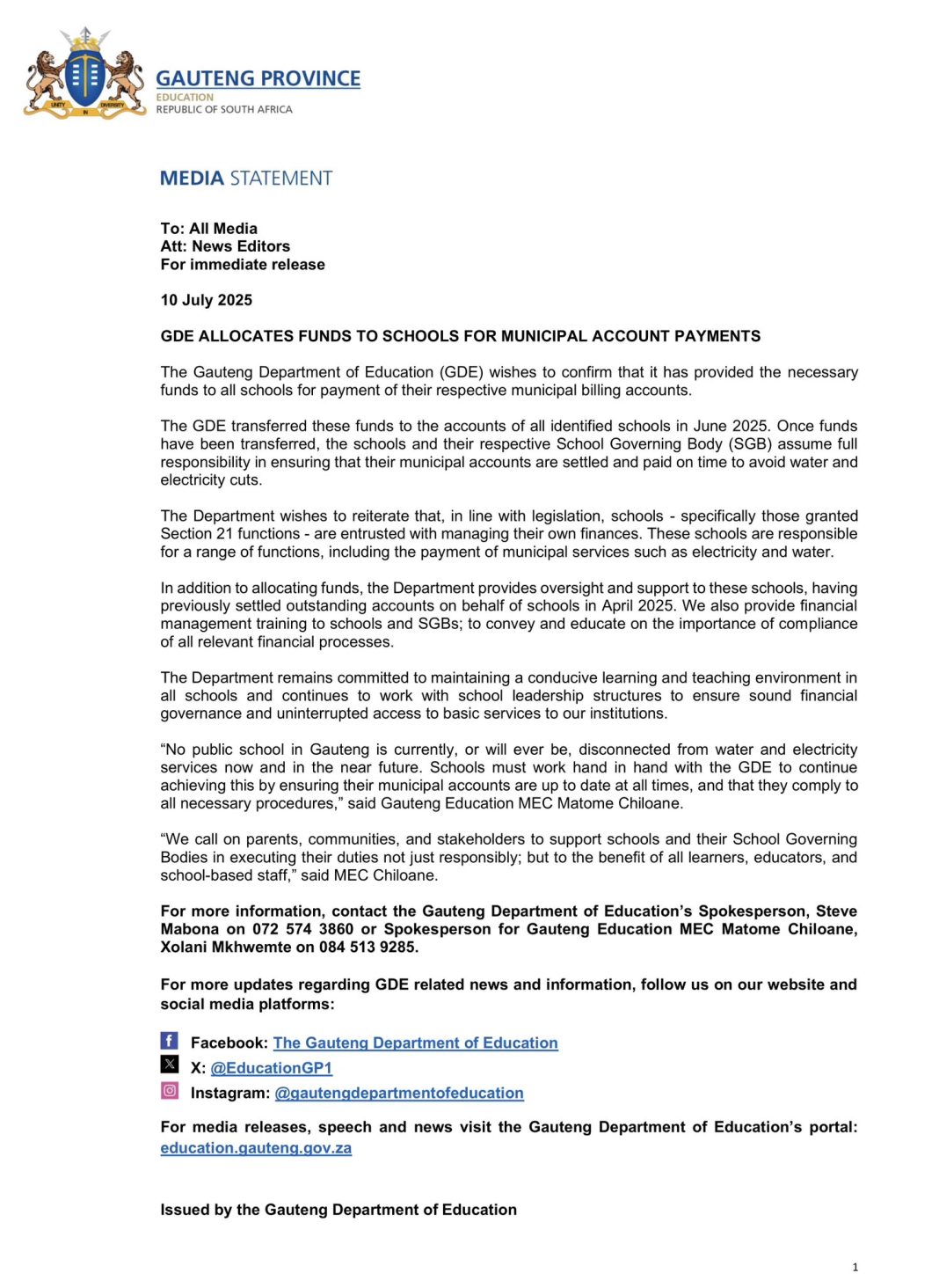 Gauteng Department of Education Allocates Funds to Schools for Municipal Account Payments