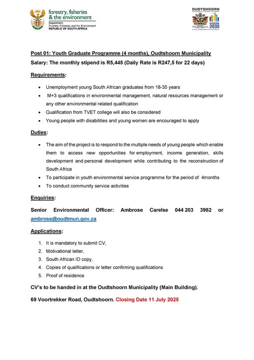 Oudtshoorn Municipality Environmental Youth Programme 2025 (Stipend: R445 Per month)