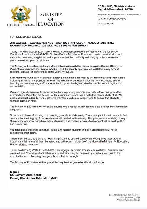 Ministry of Education collaborates with GES, WAEC and security agencies to curb examination malpractice.