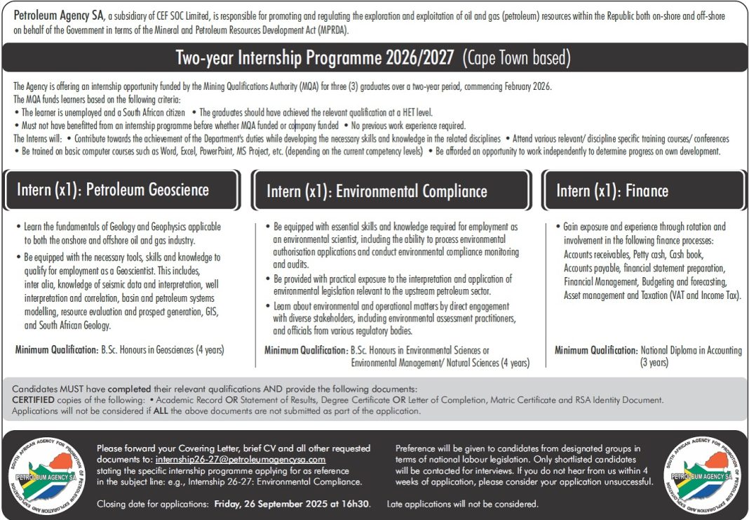Petroleum Agency SA Internship Opportunities 2026/2027 for South Africans