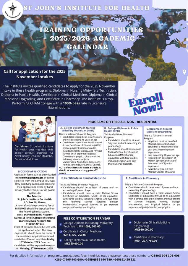 St. John's Institute for Health Malawi Training Opportunities 2025/26 November Intake