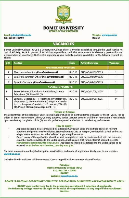 Bomet University College (BUC) Recruitment 2025