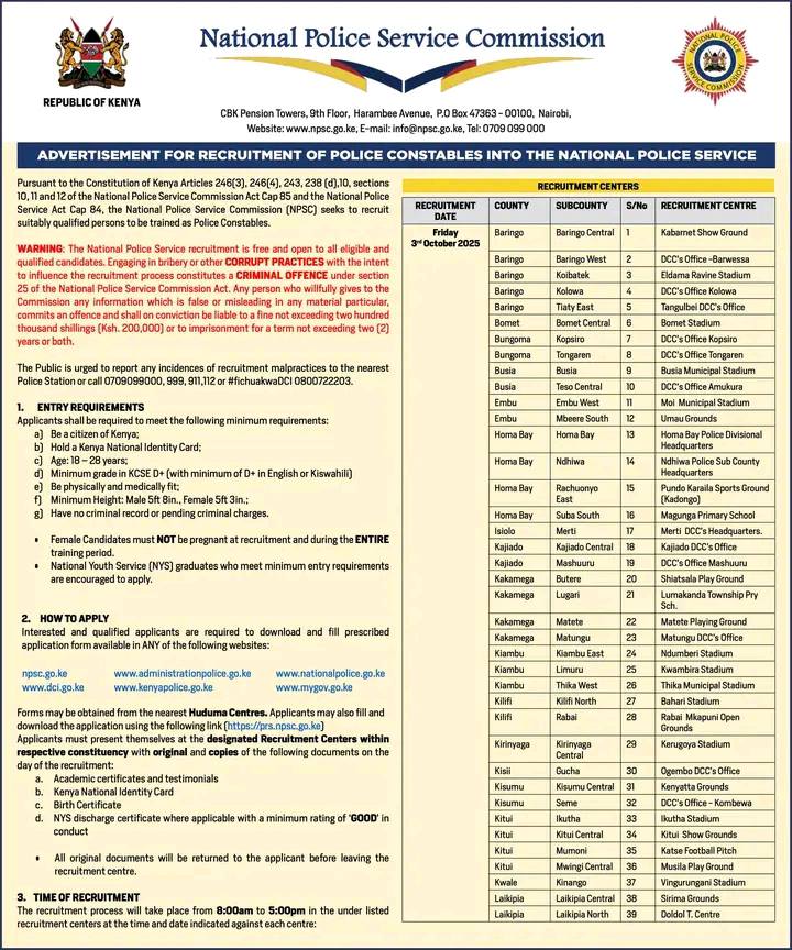 Kenya Police Constable Recruitment 2025: Dates, Centers, Requirements & Application Process