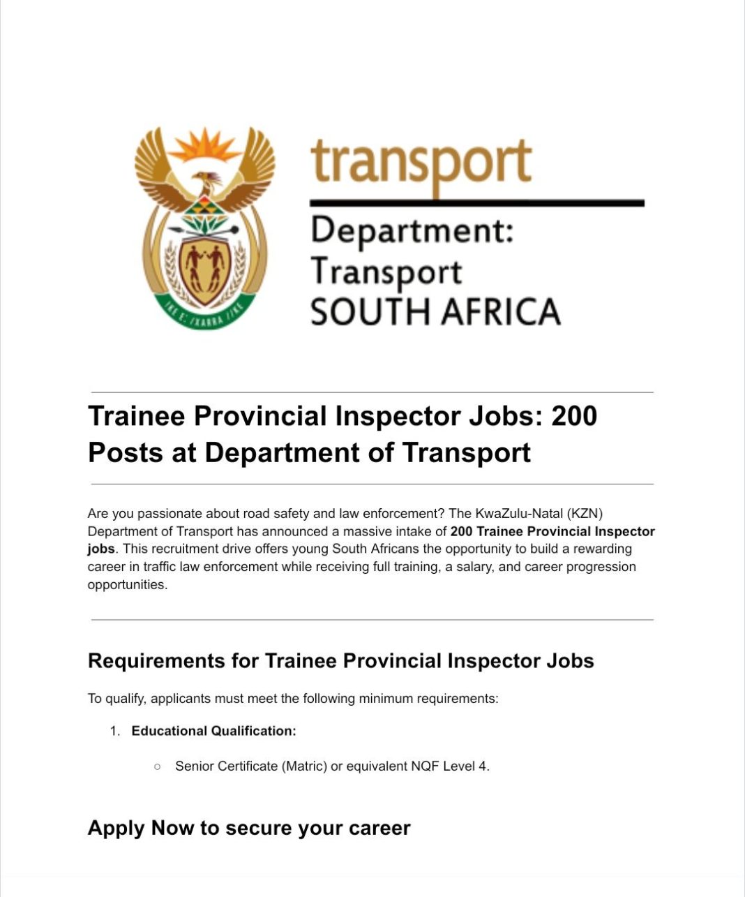 Kwazulu-Natal (KZN) Department of Transport Trainee Provincial Inspector x200 Recruitment 2025.