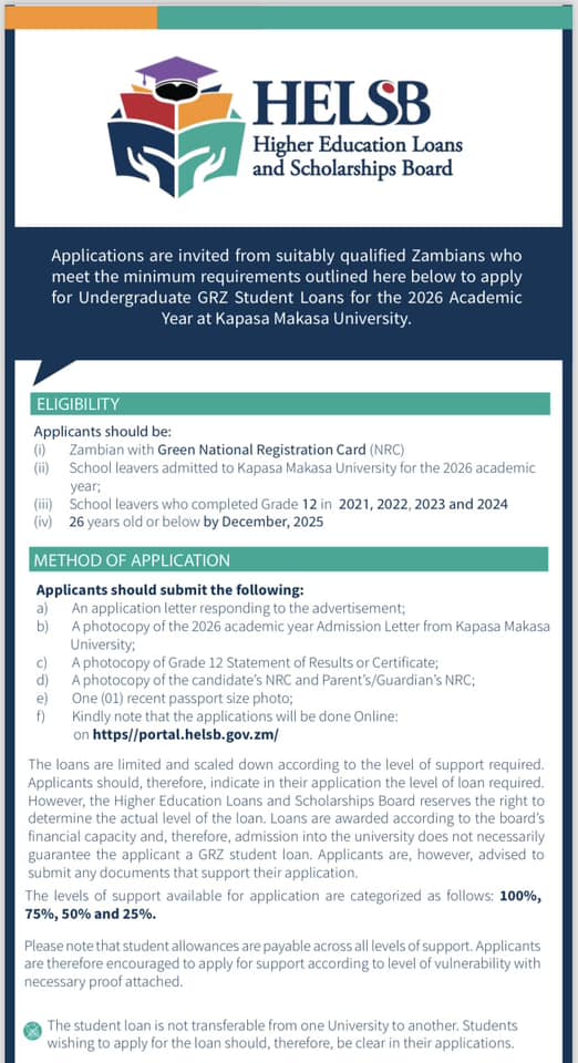 HELSB Zambia GRZ Student Loans 2026 Application at Kapasa Makasa University