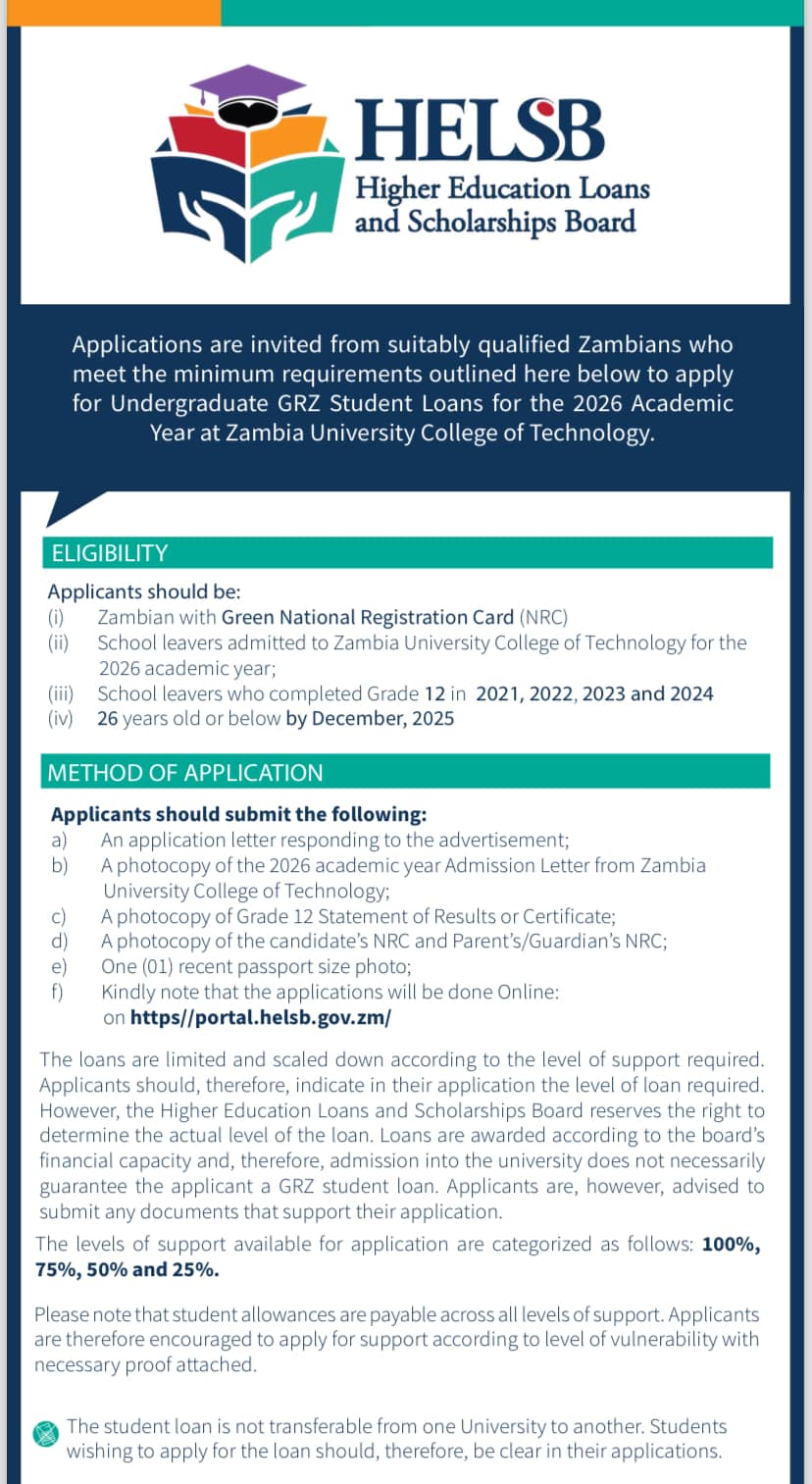 HELSB Zambia GRZ Student Loans 2026 Application at Zambia University College of Technology