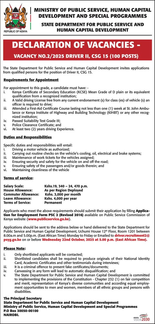 100 Driver II CSG 15 Vacancies at Kenya Public Service