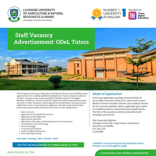 LUANAR ODeL Tutor Recruitment 2025: Part-Time Teaching Opportunities LUANAR ODeL Tutor Recruitment 2025: Part-Time Teaching Opportunities