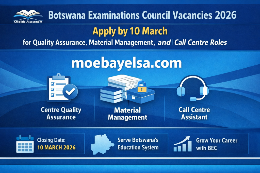 Banner for Botswana Examinations Council 2026 vacancies highlighting Quality Assurance, Material Management, and Call Centre roles, with moebayelsa.com in the center.