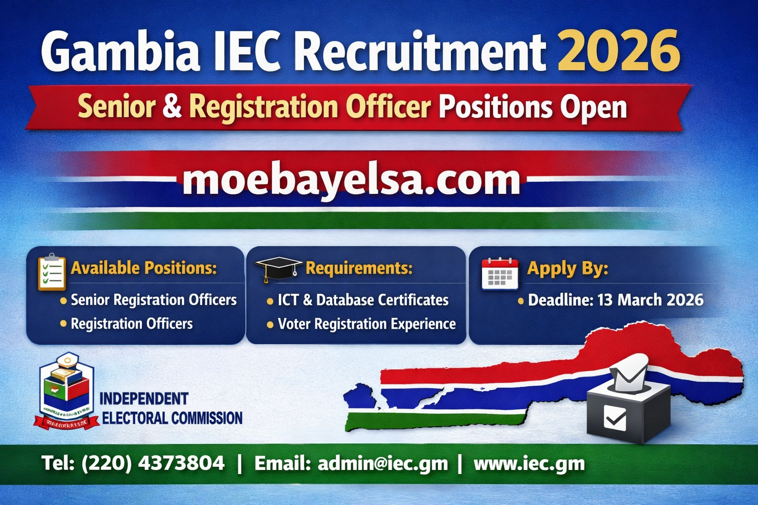 IEC 2026 recruitment for Senior and Registration Officers in The Gambia with application details and deadline