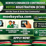 IEBC Enhanced Continuous Voter Registration ECVR recruitment poster showing ICT Clerk, Voter Registration Assistant and Voter Registration Clerk roles with March 3, 2026 deadline and moebayelsa.com