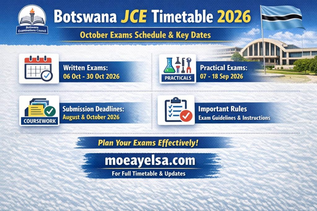 Botswana JCE Timetable 2026 showing October exam schedule, practical dates, and coursework deadlines