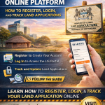 Botswana LA-KYC online platform graphic showing how to register, login, and track land applications through the Land Information System with moebayelsa.com for more information.