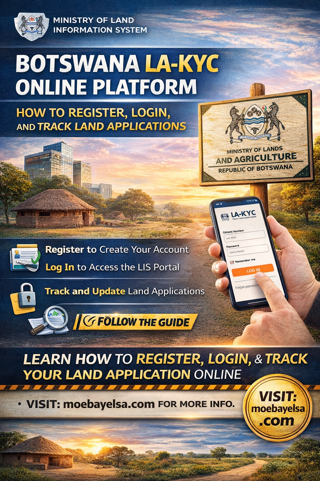 Botswana LA-KYC online platform graphic showing how to register, login, and track land applications through the Land Information System with moebayelsa.com for more information.