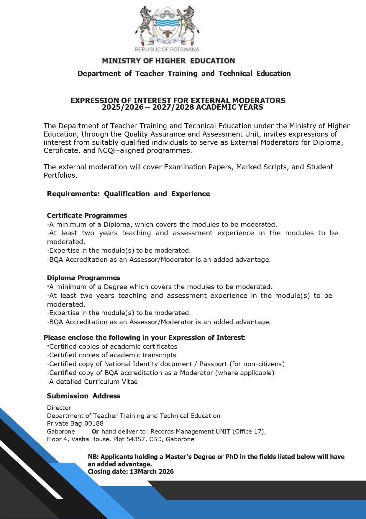 External Moderators Expression of Interest announcement by Botswana Ministry of Higher Education for Diploma and Certificate programmes 2025–2028