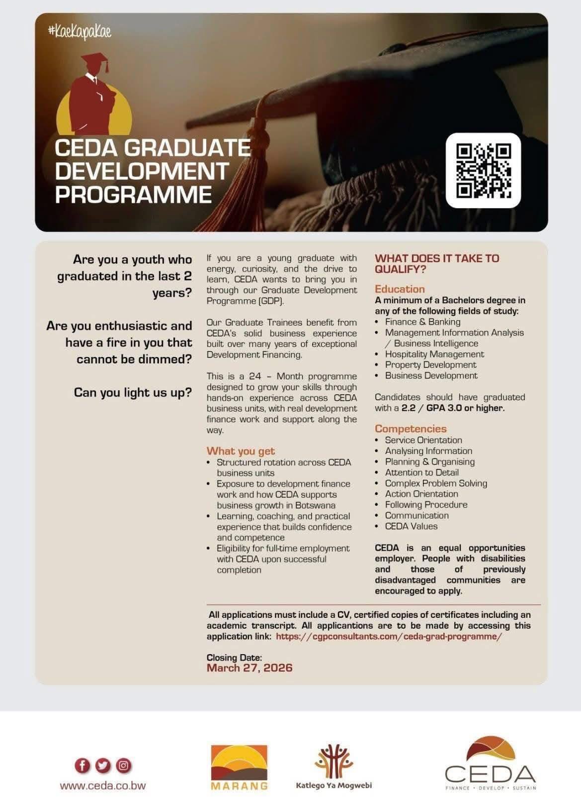 CEDA Graduate Development Programme 2026 advert showing 24 month training, eligible degree fields, and closing date 27 March 2026
