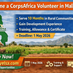 CorpsAfrica Volunteer Malawi 2026 programme application deadline and volunteer benefits information poster