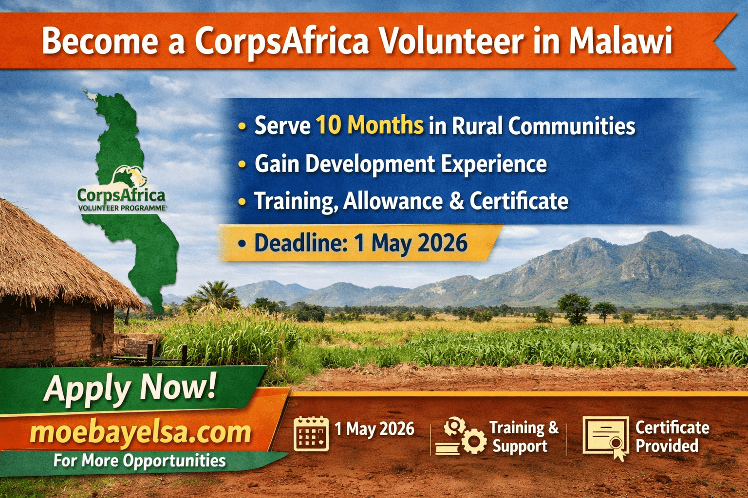CorpsAfrica Volunteer Malawi 2026 programme application deadline and volunteer benefits information poster