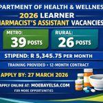 Recruitment banner showing 65 Learner Pharmacist’s Assistant vacancies in Metro and Rural areas, stipend R5345.75/month, training provided, apply by 27 March 2026 at moebayelsa.com