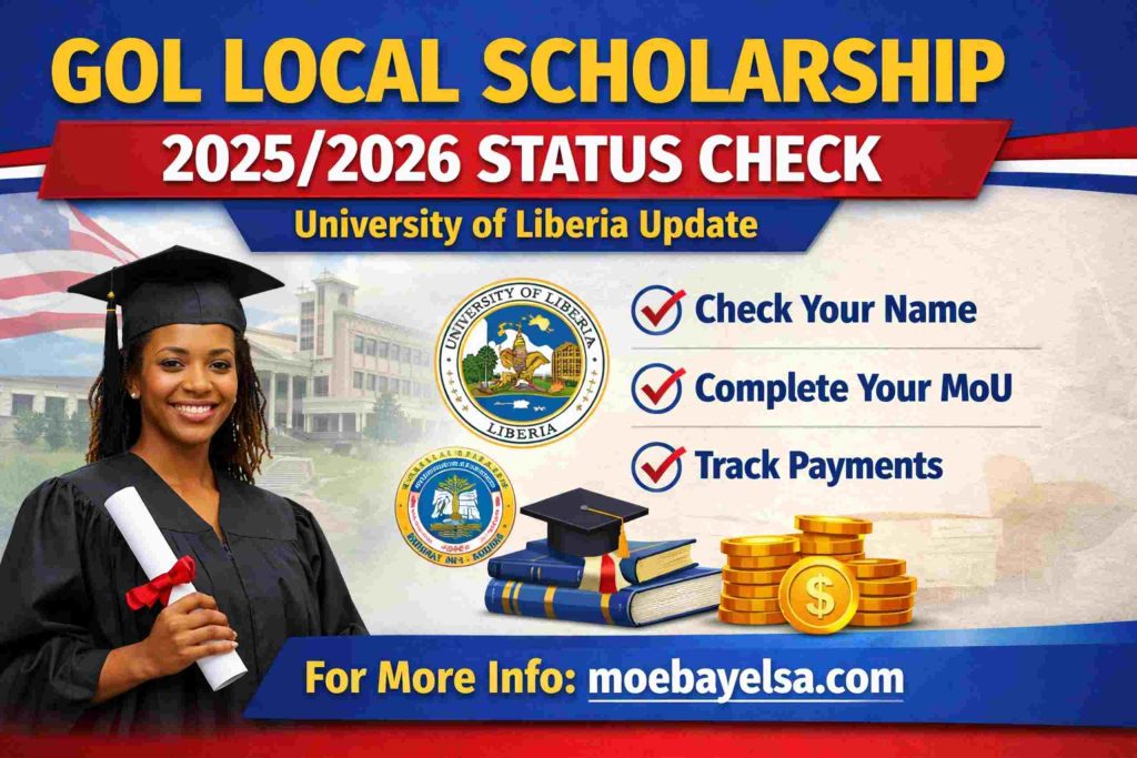 GOL Local Scholarship 2025/2026 status check guide showing University of Liberia update, MoU completion, and payment tracking steps