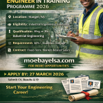 Recruitment poster for HESTO Harnesses Engineer in Training Programme 2026 in Stanger for Industrial Engineering graduates with 60 percent average, fixed term contract, application deadline 27 March 2026, and website moebayelsa.com for more opportunities.
