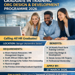 Poster showing HESTO Harnesses Graduate in Training Organisational Design and Development Programme 2026 in Stanger with requirements for HR graduates, 24 month training contract, and application deadline 27 March 2026 with website moebayelsa.com.