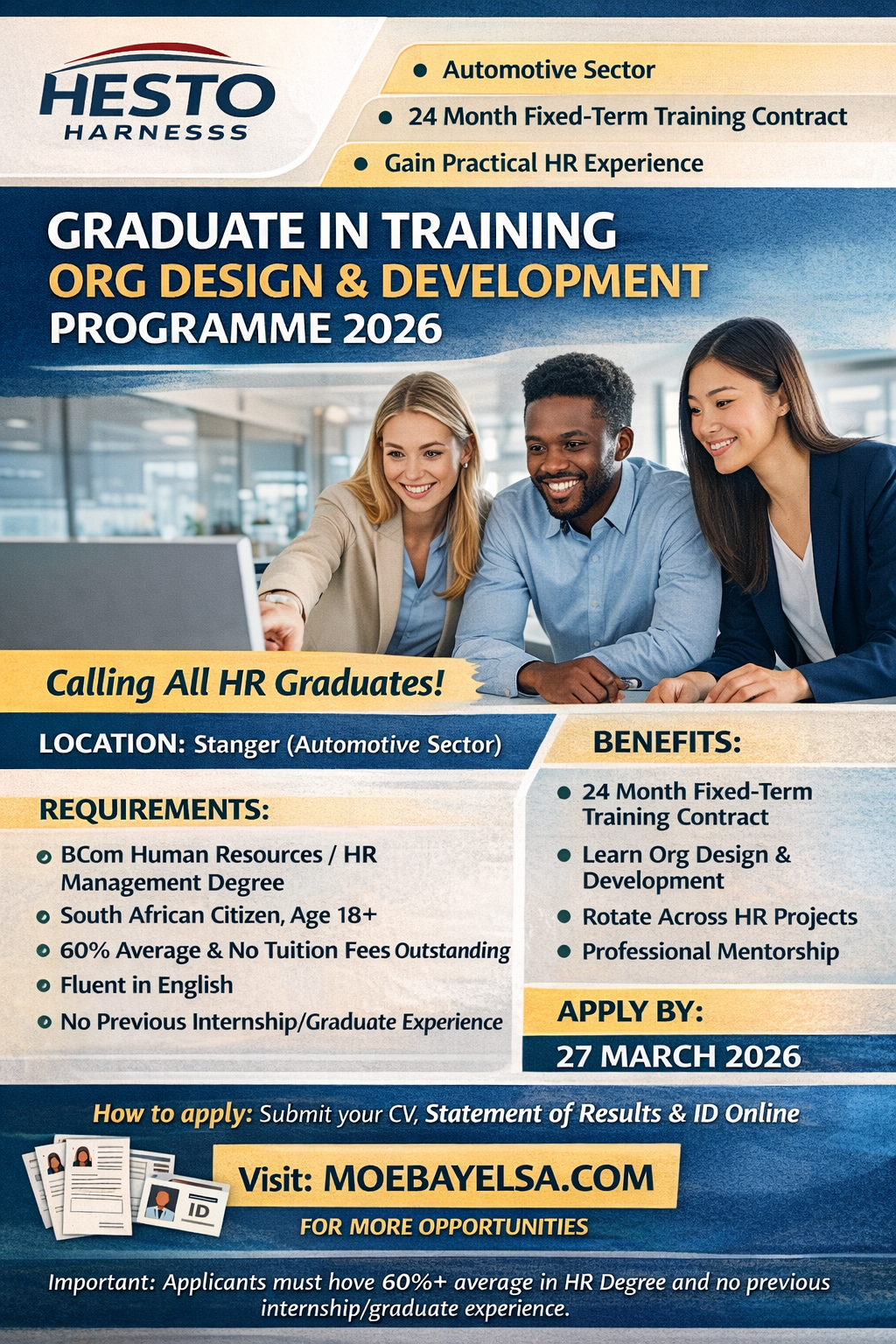 Poster showing HESTO Harnesses Graduate in Training Organisational Design and Development Programme 2026 in Stanger with requirements for HR graduates, 24 month training contract, and application deadline 27 March 2026 with website moebayelsa.com.