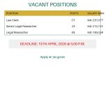 Poster for Judicial Service Commission Kenya vacancies 2026 showing Law Clerk, Senior Legal Researcher, and Legal Researcher positions with application deadline 15 April 2026.