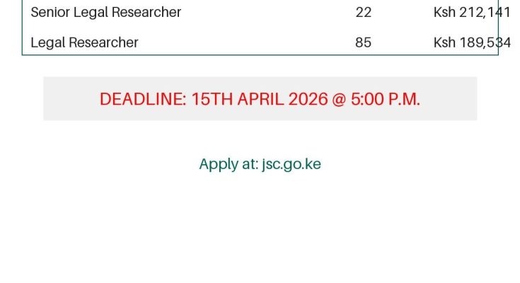Poster for Judicial Service Commission Kenya vacancies 2026 showing Law Clerk, Senior Legal Researcher, and Legal Researcher positions with application deadline 15 April 2026.