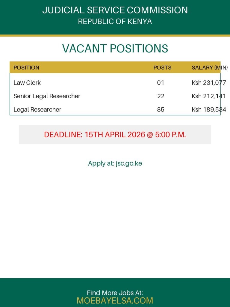 Poster for Judicial Service Commission Kenya vacancies 2026 showing Law Clerk, Senior Legal Researcher, and Legal Researcher positions with application deadline 15 April 2026.