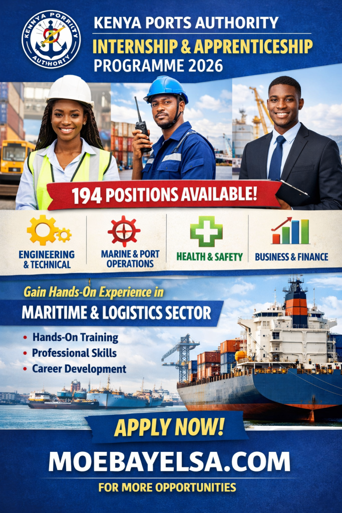 oung Kenyan professionals at a port, promoting 194 internship and apprenticeship positions with Kenya Ports Authority