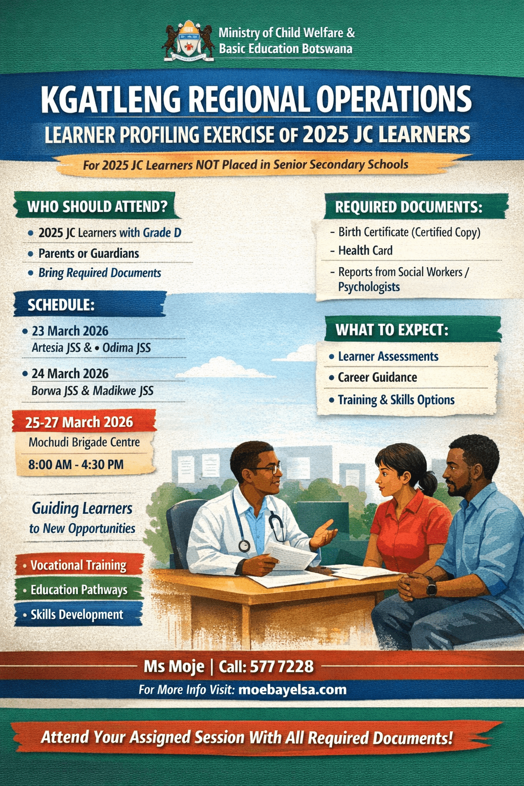 Infographic showing Kgatleng learner profiling exercise for 2025 JC learners with schedule, required documents, and attendance details