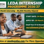 Promotional image for the LEDA Internship Programme 2026/27 showing internship disciplines, stipend, start and closing dates, and application details at moebayelsa.com